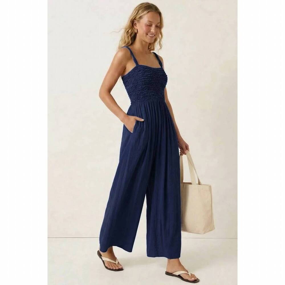 Naked Zebra Navy Blue Smocked Wide-Leg Jumpsuit